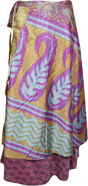 Womens Sari Wrap Skirt, 2 Layer Skirts, Purple Paisley Printed Maxi Skirt One Size