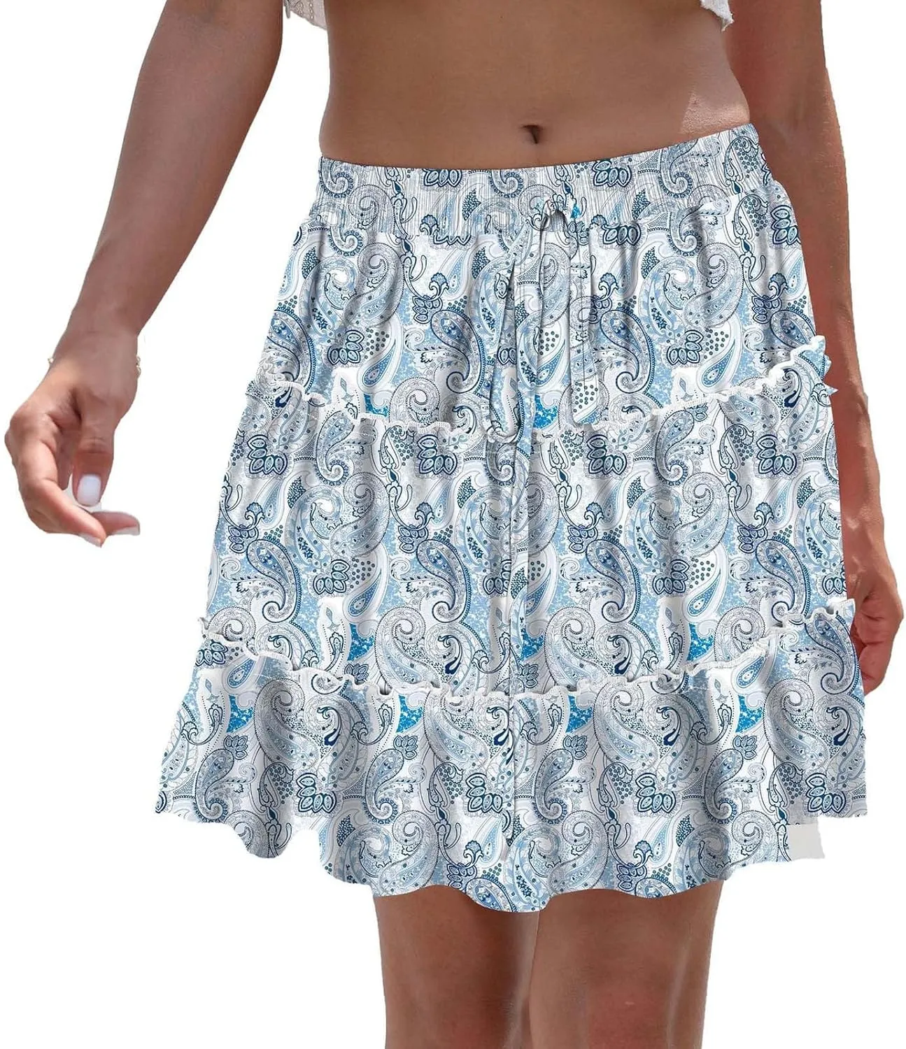 Women's Skirts Boho Mini Skirt Fashion Loose Fit Cute Floral Printed Drawstring High Waist Summer Beach Short Skirts