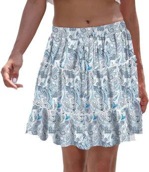 Women's Skirts Boho Mini Skirt Fashion Loose Fit Cute Floral Printed Drawstring High Waist Summer Beach Short Skirts