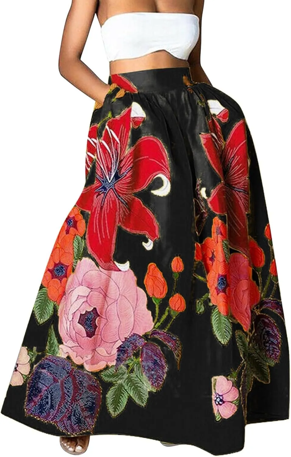 Women's Skirts Summer Boho Maxi Skirt Fashion Loose Floral Printed Skirt High Waisted Beach Maxi Skirt with Pocket