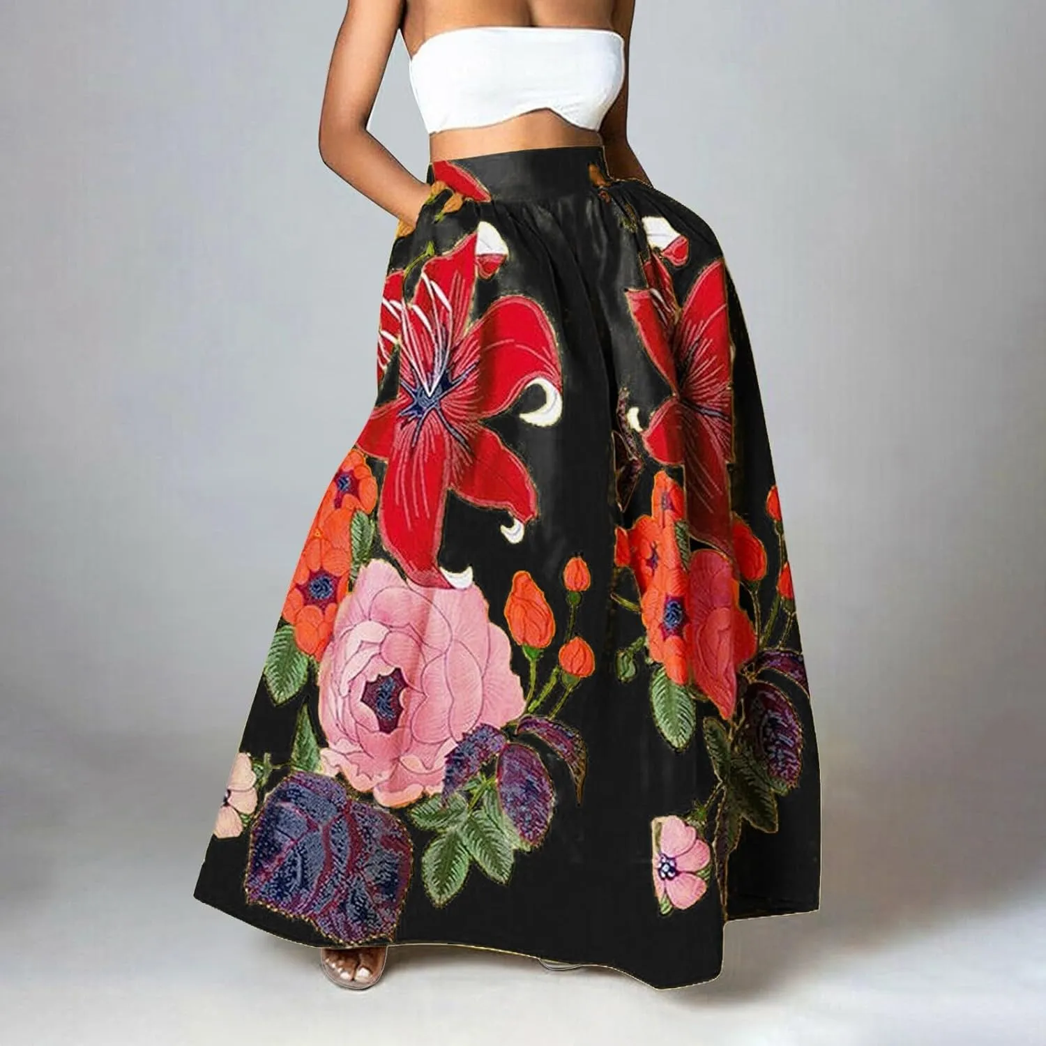 Women's Skirts Summer Boho Maxi Skirt Fashion Loose Floral Printed Skirt High Waisted Beach Maxi Skirt with Pocket