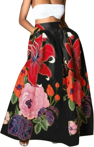 Women's Skirts Summer Boho Maxi Skirt Fashion Loose Floral Printed Skirt High Waisted Beach Maxi Skirt with Pocket