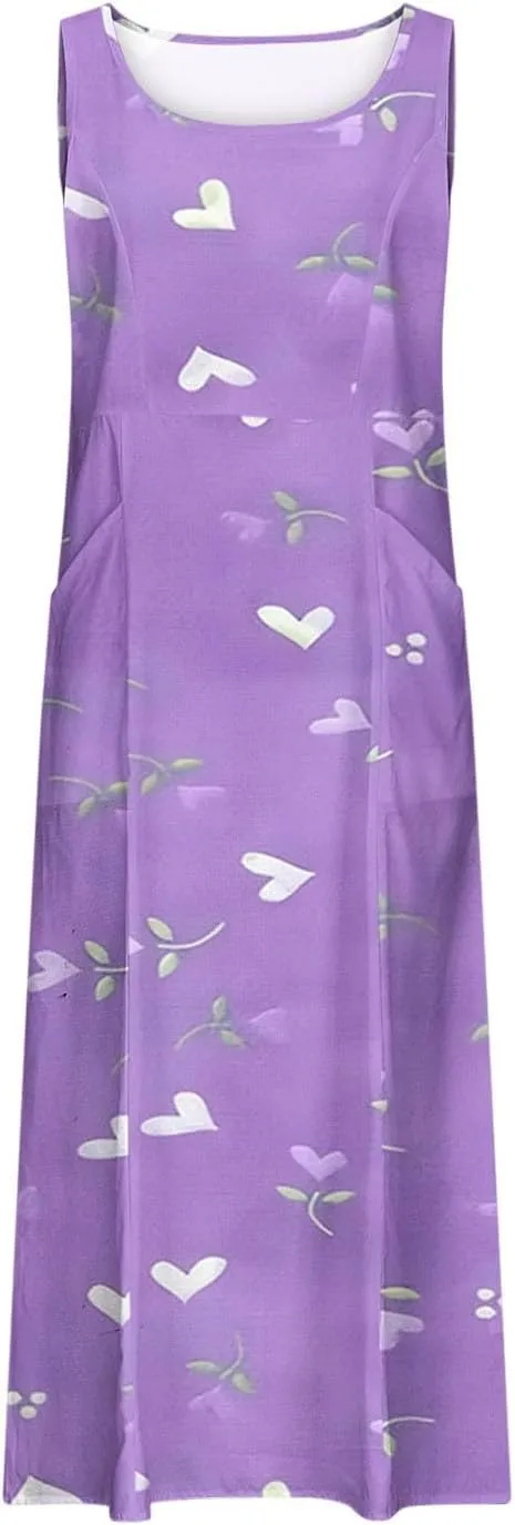 Women's Sleeveless Cotton Linen Dress Summer Beach Tank Dress Plus Size Printed Long Dress with Pockets