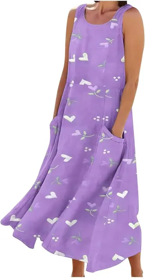 Women's Sleeveless Cotton Linen Dress Summer Beach Tank Dress Plus Size Printed Long Dress with Pockets