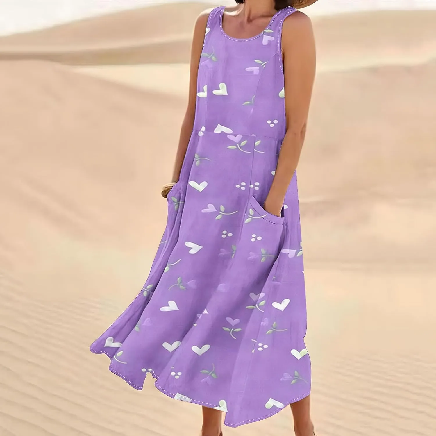 Women's Sleeveless Cotton Linen Dress Summer Beach Tank Dress Plus Size Printed Long Dress with Pockets