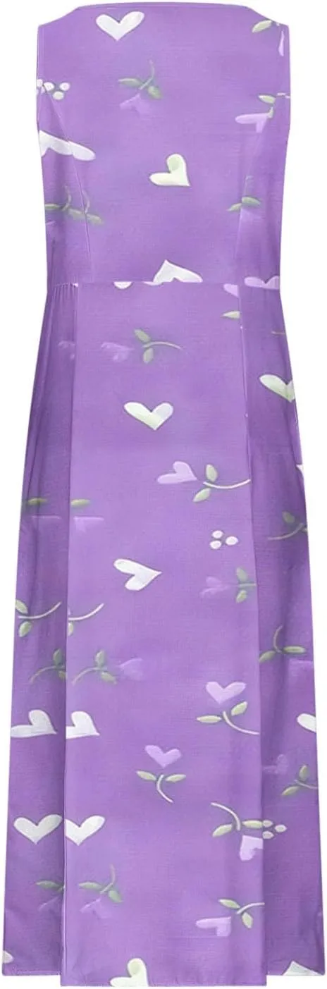 Women's Sleeveless Cotton Linen Dress Summer Beach Tank Dress Plus Size Printed Long Dress with Pockets