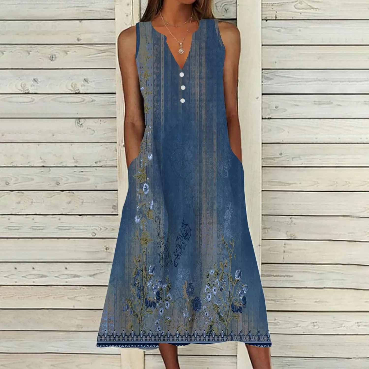Womens Summer Design Casual Dress Fashion Floral Printed Sleeveless Button V-Neck 2025 Dress Long Dress with Pockets