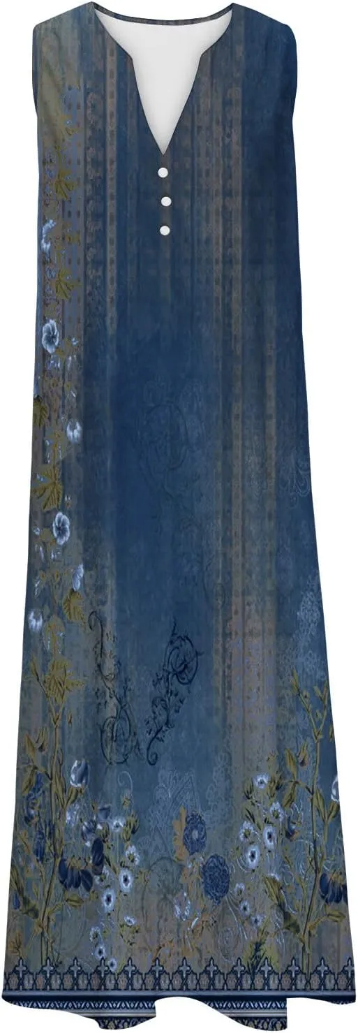 Womens Summer Design Casual Dress Fashion Floral Printed Sleeveless Button V-Neck 2025 Dress Long Dress with Pockets