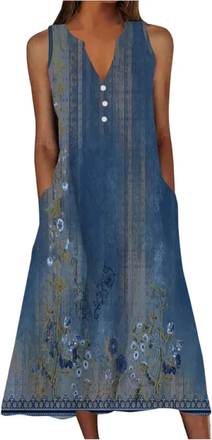 Womens Summer Design Casual Dress Fashion Floral Printed Sleeveless Button V-Neck 2025 Dress Long Dress with Pockets