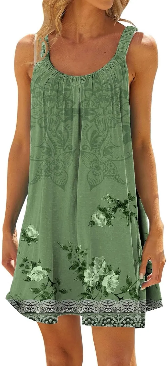 Women's Summer Fashion Vintage Flowers Printed Pleated Sleeveless Shoulder Strap Beach Vacation Casual Dress