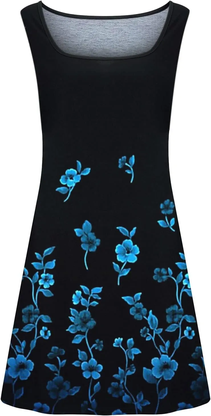 Women's Summer Floral Printed Tank Dress Sleeveless Hollow Out Boho Beach Dress Casual Loose Vacation Sundress
