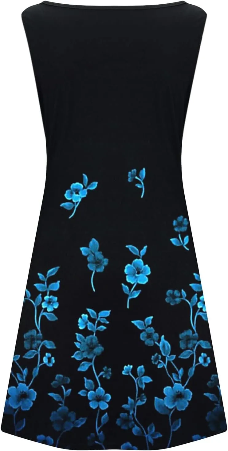 Women's Summer Floral Printed Tank Dress Sleeveless Hollow Out Boho Beach Dress Casual Loose Vacation Sundress