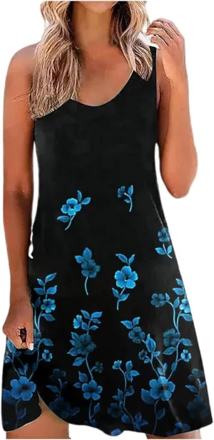 Women's Summer Floral Printed Tank Dress Sleeveless Hollow Out Boho Beach Dress Casual Loose Vacation Sundress