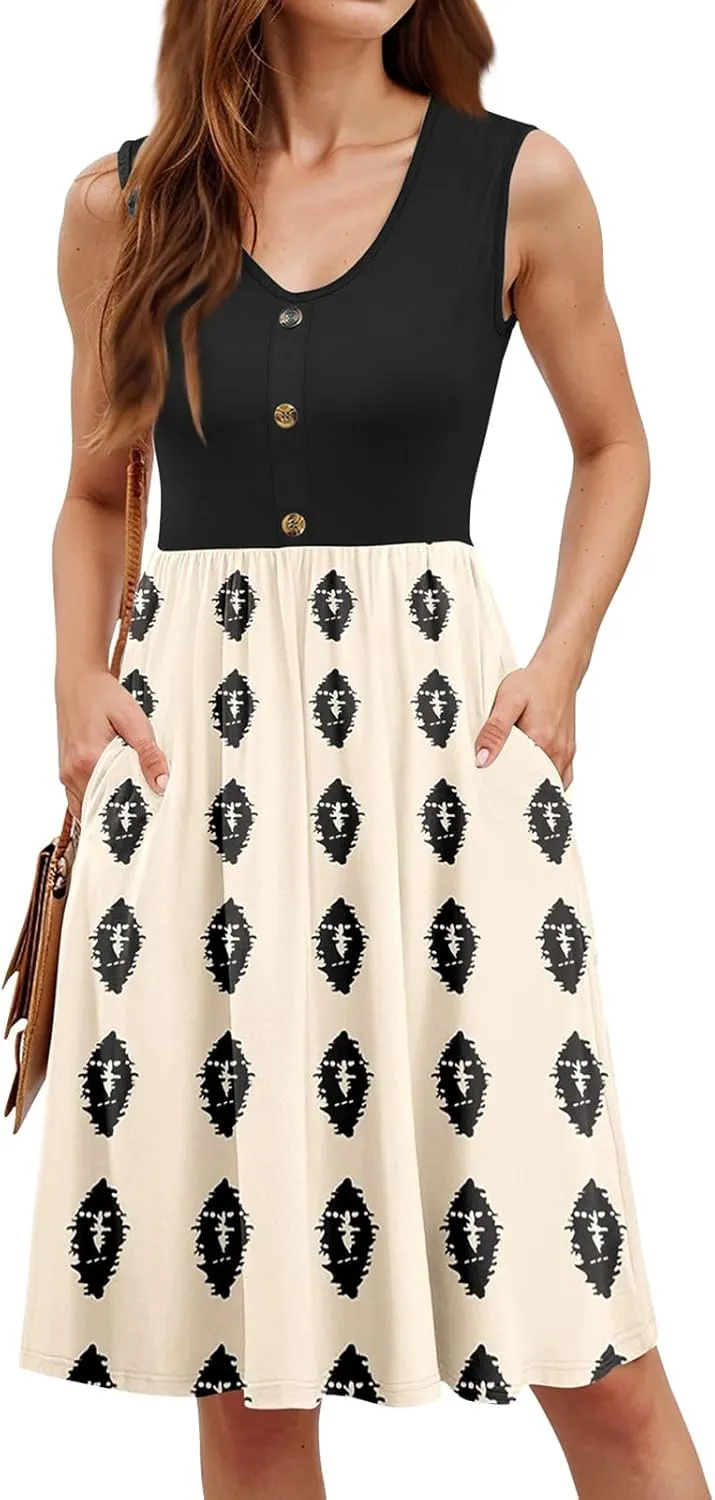 Women's Sun Dresses Summer Casual Sleeveless V Neck Empire Waist Printed Button Down Loose Mini Dress Casual, S-2XL