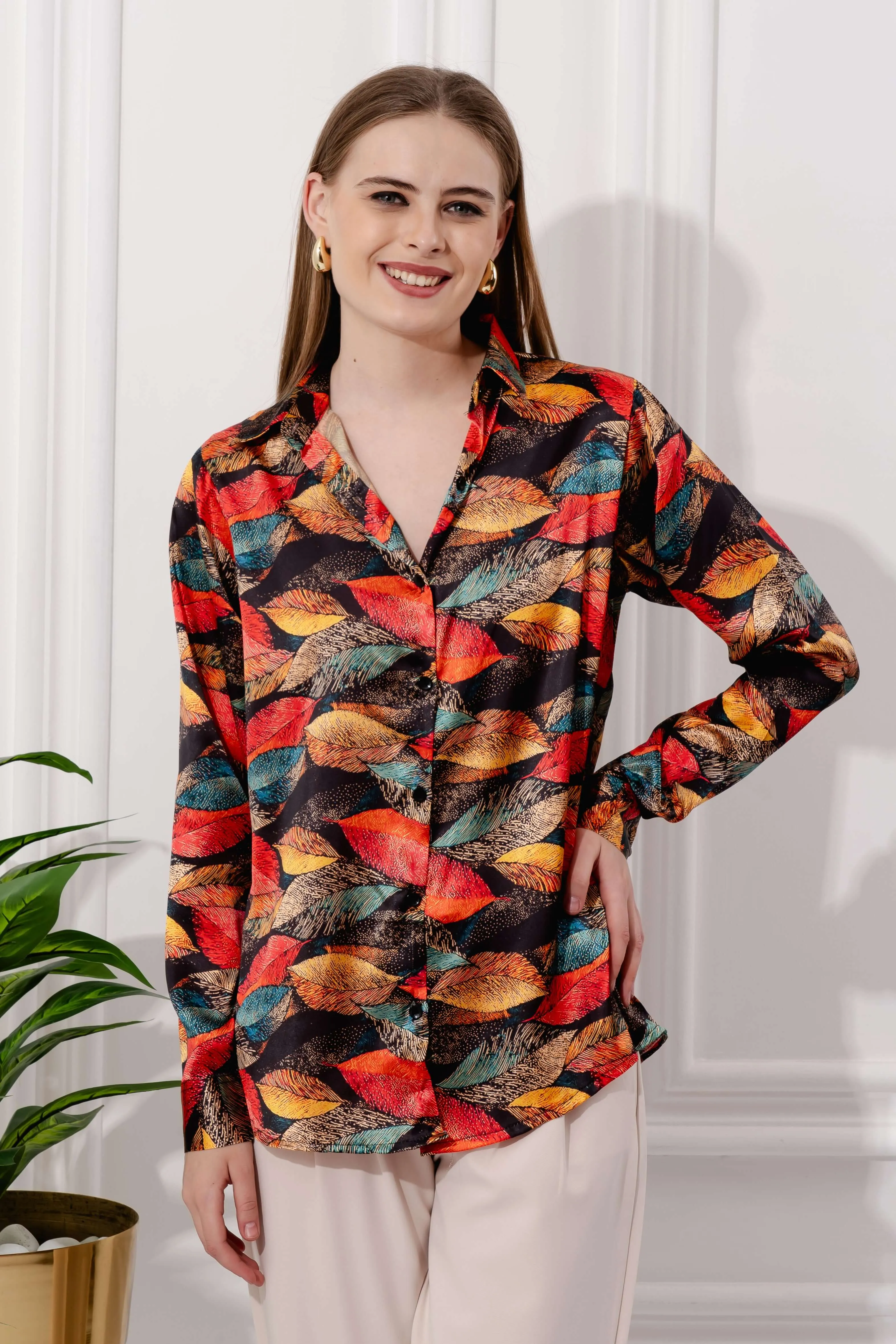 Zing Callistine Leaf Printed Satin Shirt