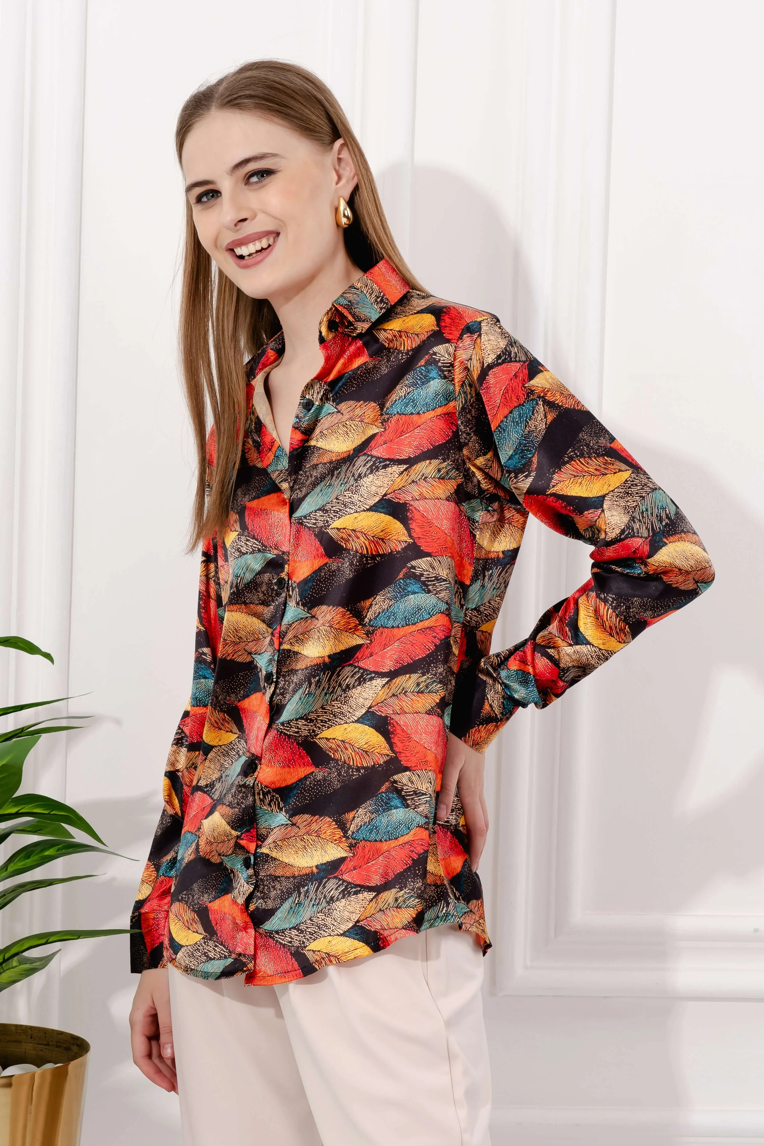 Zing Callistine Leaf Printed Satin Shirt